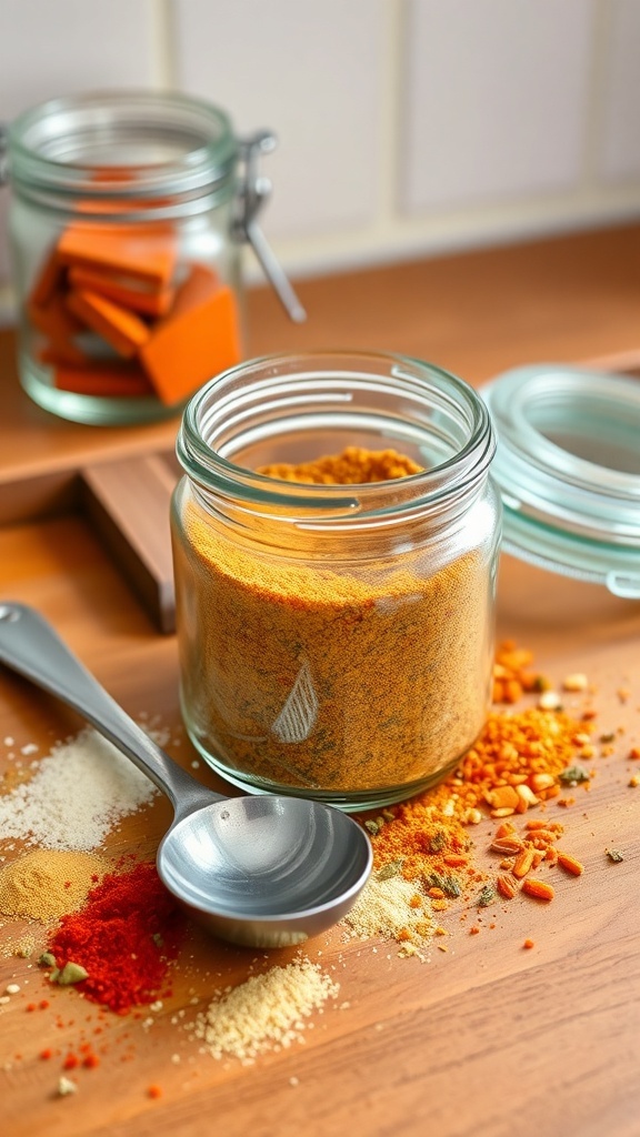 Homemade breakfast seasoning in a jar with spices on a wooden surface.
